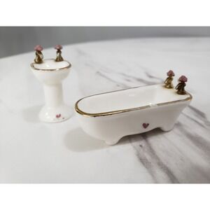 Vintage Doll House Miniature‎ PORCELAIN BATH TUB AND SINK HEARTS